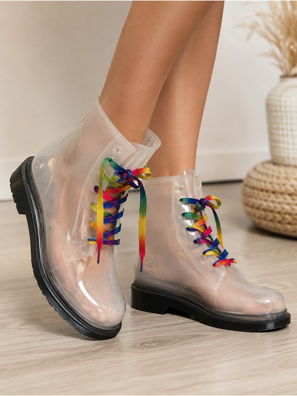Transparent Ankle Rain Boots with Rainbow Laces - Women